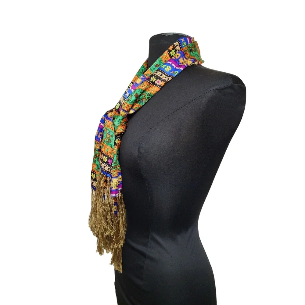 100% Silk‎ Double Layer w/ Long Fringe Vintage Scarf Artsy Collage Pattern Funky
